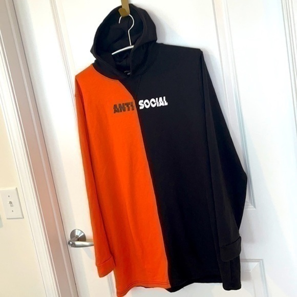 PRETTY LITTLE THING | “ANTI SOCIAL” Orange & Black Hooded Sweatshirt - Picture 2 of 7